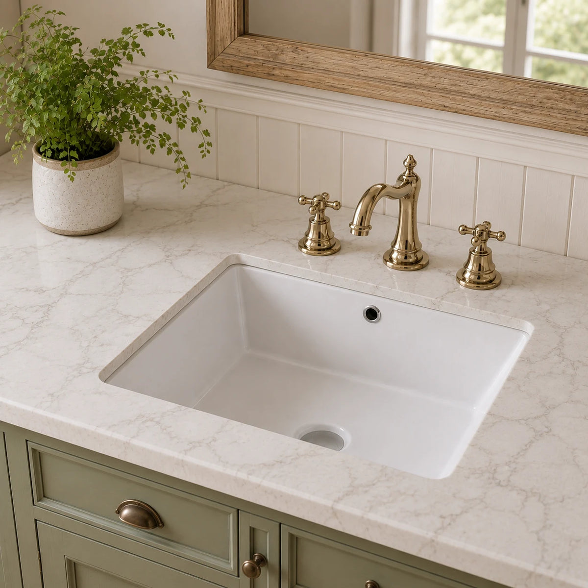 Ceramic undermount bathroom sink installed in a styled bathroom — lifestyle scene, SANIKB SN029.