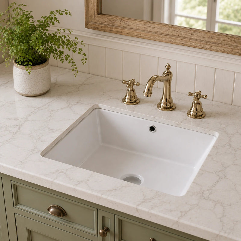 Ceramic undermount bathroom sink installed in a styled bathroom — lifestyle scene, SANIKB SN029.