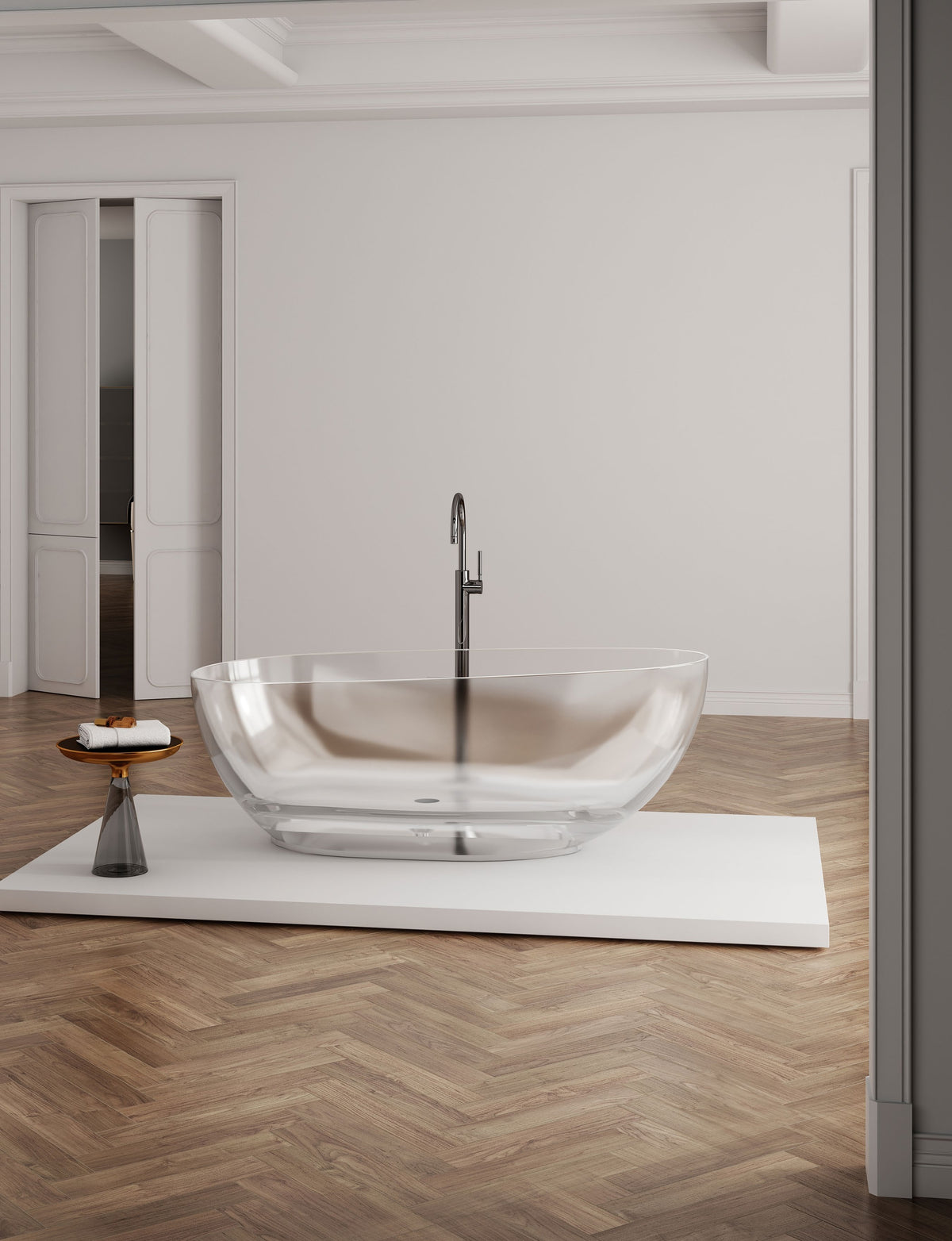 Clear Oval Transparent Bathtub with Stepped Base; original factory model TW-8208T complete product view