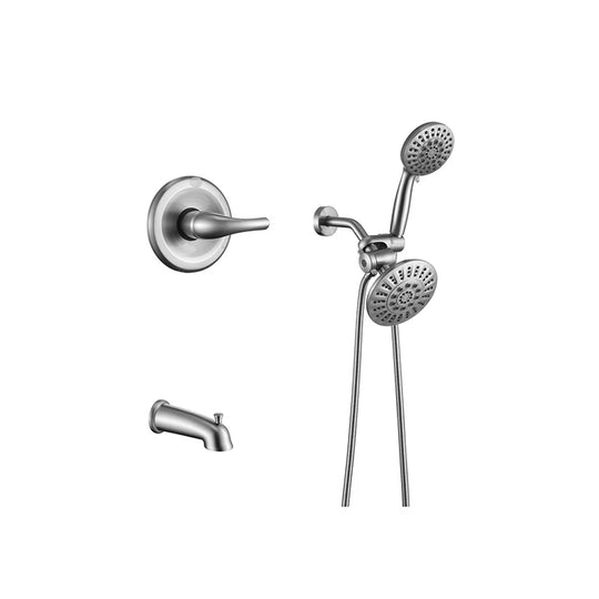 Brushed Nickel concealed shower faucet, solid brass, 2-in-1 rain and handheld shower head with a tub spout and round single-lever concealed trim — SANIKB F364306