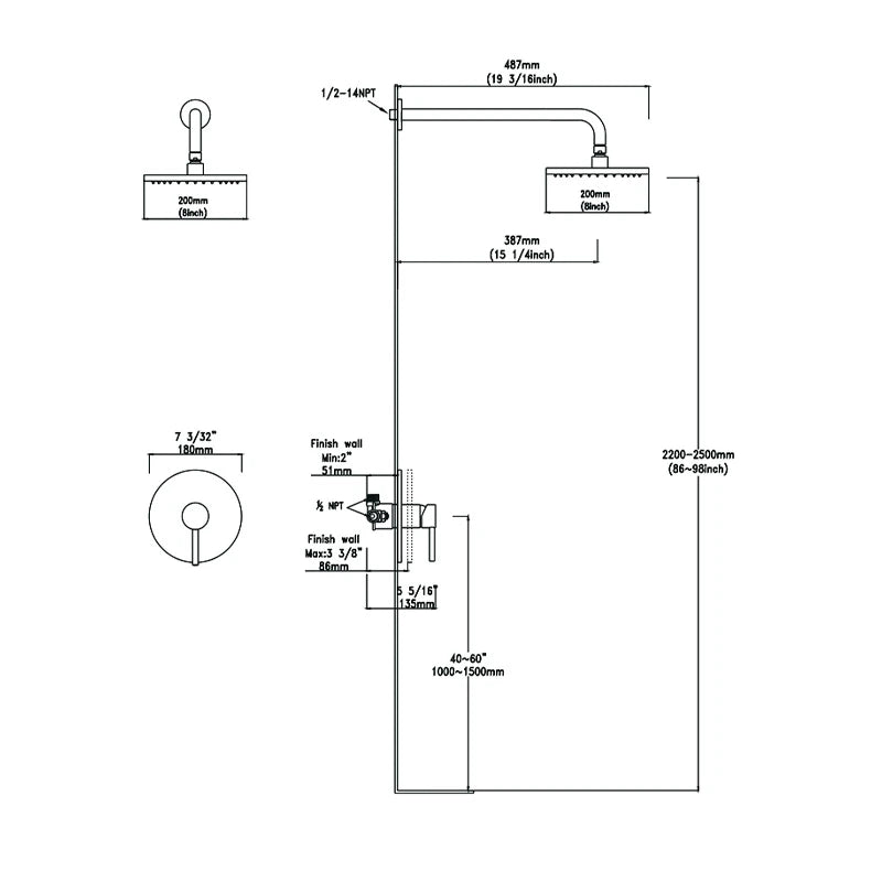 Dimensioned spec drawing for SANIKB F348308 concealed shower faucet, 8" round head (200 mm); 19 3/16" arm reach (487 mm); round trim plate 7 3/32" (180 mm)