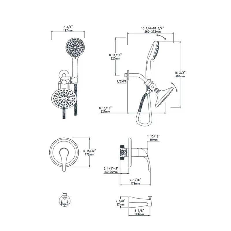 Dimensioned spec drawing for SANIKB F364306 concealed shower faucet, 7 3/4" shower head (197 mm); round trim plate 6 25/32" (172 mm); tub spout 4 7/8" reach (124 mm)