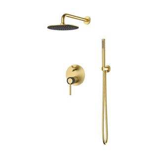 Brushed gold concealed shower system with round rain head, round trim, black-collar lever and slim handheld — SANIKB SP1025A 22 47 2