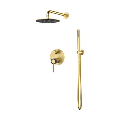 Brushed gold concealed shower system with round rain head, round trim, black-collar lever and slim handheld — SANIKB SP1025A 22 47 2