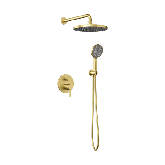 Brushed gold concealed shower system with round rain head on wall arm, round pin-lever trim and handheld — SANIKB SP1006 22 43 1