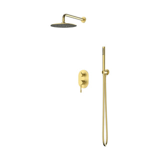 Brushed gold concealed shower system with round rain head, oval pin-lever trim and slim handheld — SANIKB SP1010B 22 43 2-1