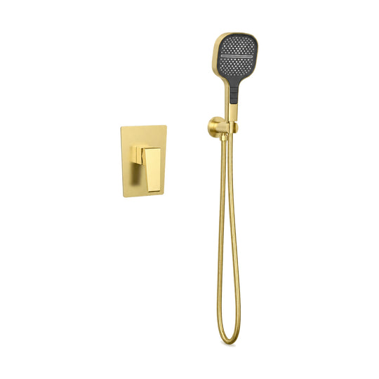 Brushed gold square concealed valve plate with angular lever and square-face hand shower on outlet holder — SANIKB SP1005 21 43 1