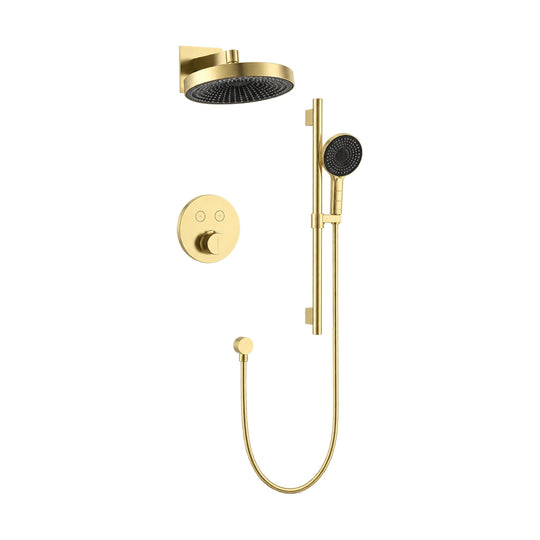 Brushed gold concealed shower system with round rain head, push-button trim and round handheld on slide bar — SANIKB SC030A 22 43 1