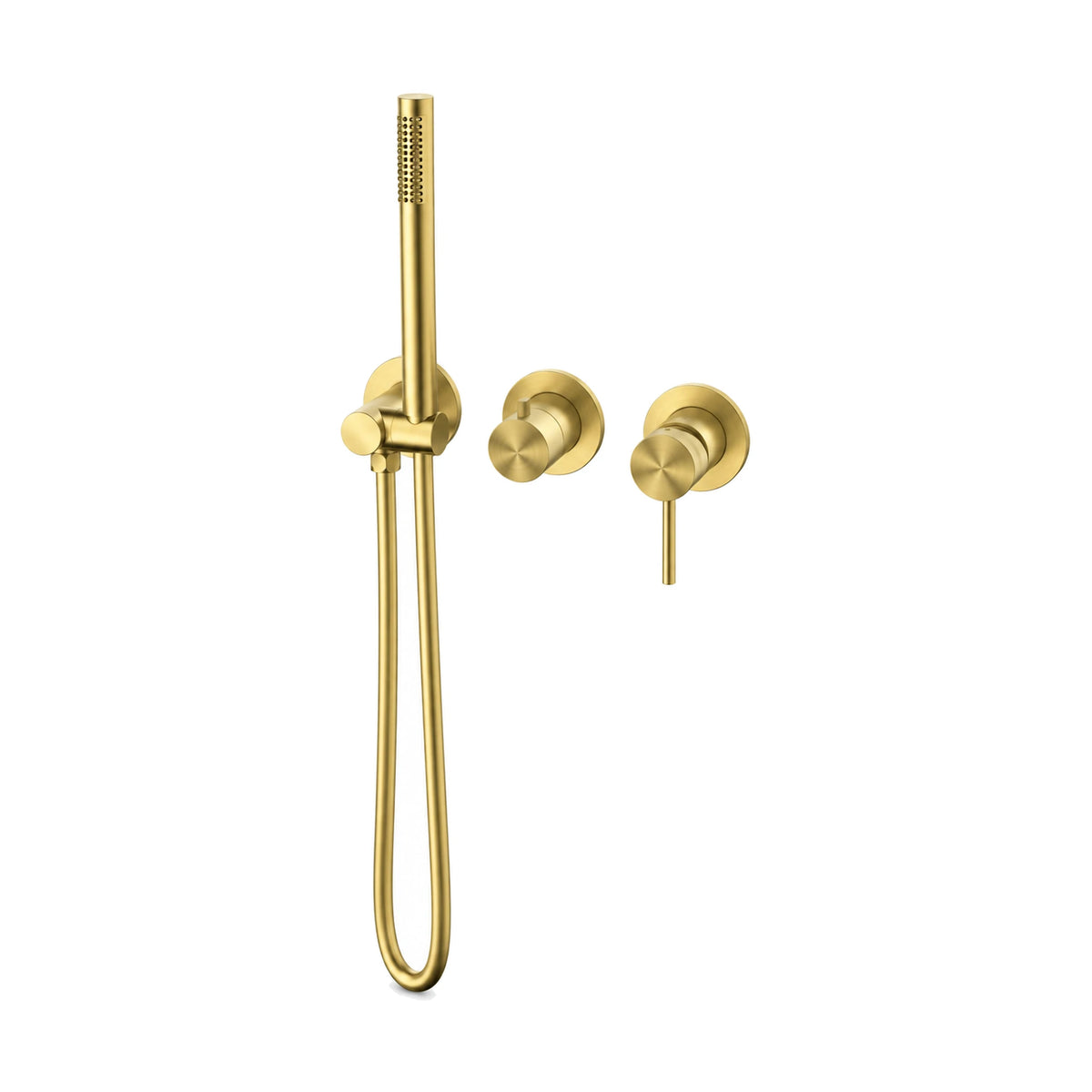 Brushed gold stick hand shower on round wall outlet holder with round pin-lever valve and small round knob — SANIKB SP770A 21 43 1