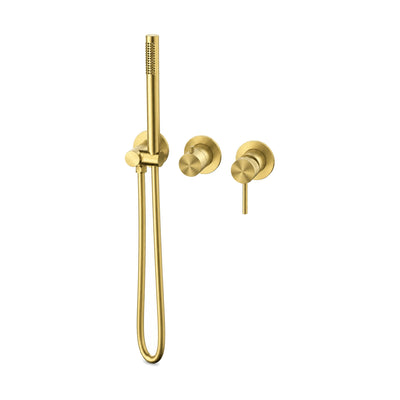 Brushed gold stick hand shower on round wall outlet holder with round pin-lever valve and small round knob — SANIKB SP770A 21 43 1