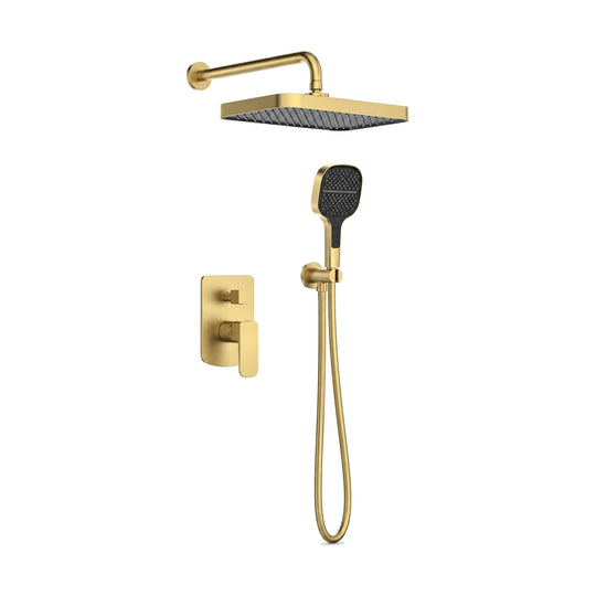 Brushed gold concealed shower system with rectangular rain head, rounded-rectangle trim and hand shower — SANIKB SP1007 22 43 1