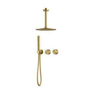 Brushed gold concealed shower system with ceiling-arm rain head, two knurled dial knobs and stick handheld — SANIKB SO056C 22 43 1