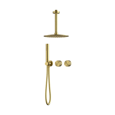 Brushed gold concealed shower system with ceiling-arm rain head, two knurled dial knobs and stick handheld — SANIKB SO056C 22 43 1