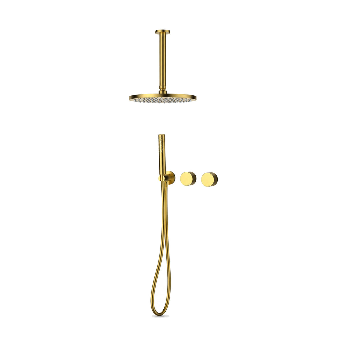 Brushed gold concealed shower system with ceiling-arm rain head, two knurled dial knobs and stick handheld — SANIKB SO056C 22 43 2