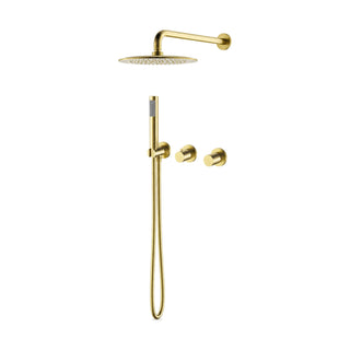 Brushed gold concealed shower system with round rain head, two knurled round knobs and stick hand shower — SANIKB SO099G 22 43 1