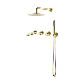 Brushed gold concealed shower set with round rain head, wall tub spout, two knurled knobs and hand shower — SANIKB SO099G 23 43 1