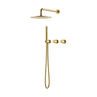 Brushed gold concealed shower system with round rain head, two smooth round knobs and stick hand shower — SANIKB SO099 22 43 1