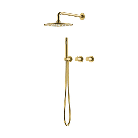 Brushed gold concealed shower system with round rain head, two smooth round knobs and stick hand shower — SANIKB SO099 22 43 1