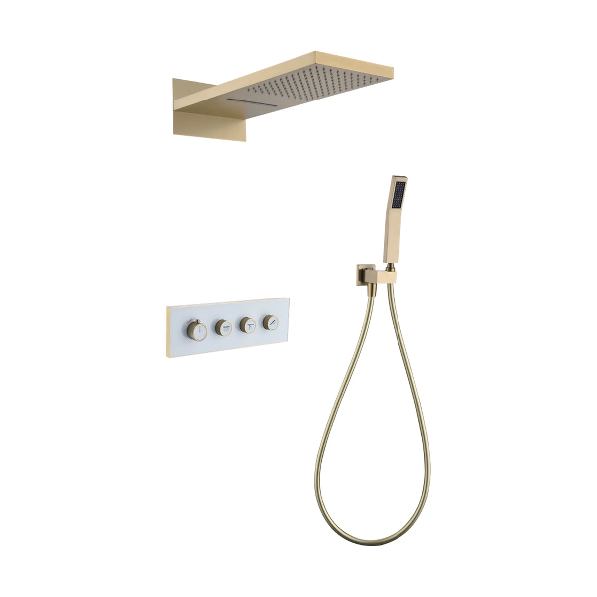 Brushed gold concealed shower system with waterfall-style wall head, white four-knob panel and handheld — SANIKB DL-08 735-LSJ