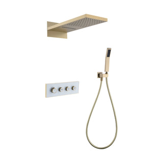 Brushed gold concealed shower system with waterfall-style wall head, white four-knob panel and handheld — SANIKB DL-08 735-LSJ
