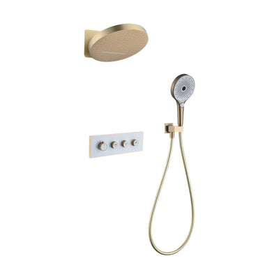 Brushed gold concealed shower system with round wall rain head, white four-knob panel and round handheld — SANIKB DL-08 737-LSJ