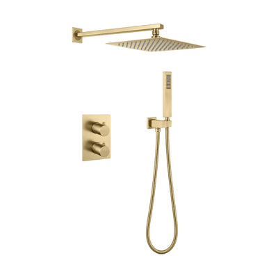 Brushed gold concealed shower system with two-handle square plate, square rain head and stick handheld — SANIKB DL-08 538-LSJ