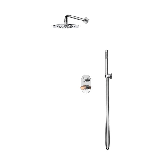 Chrome concealed shower system with round rain head, oval trim, rose gold slant-cut knob and slim handheld — SANIKB SP1014 22 59 2-1