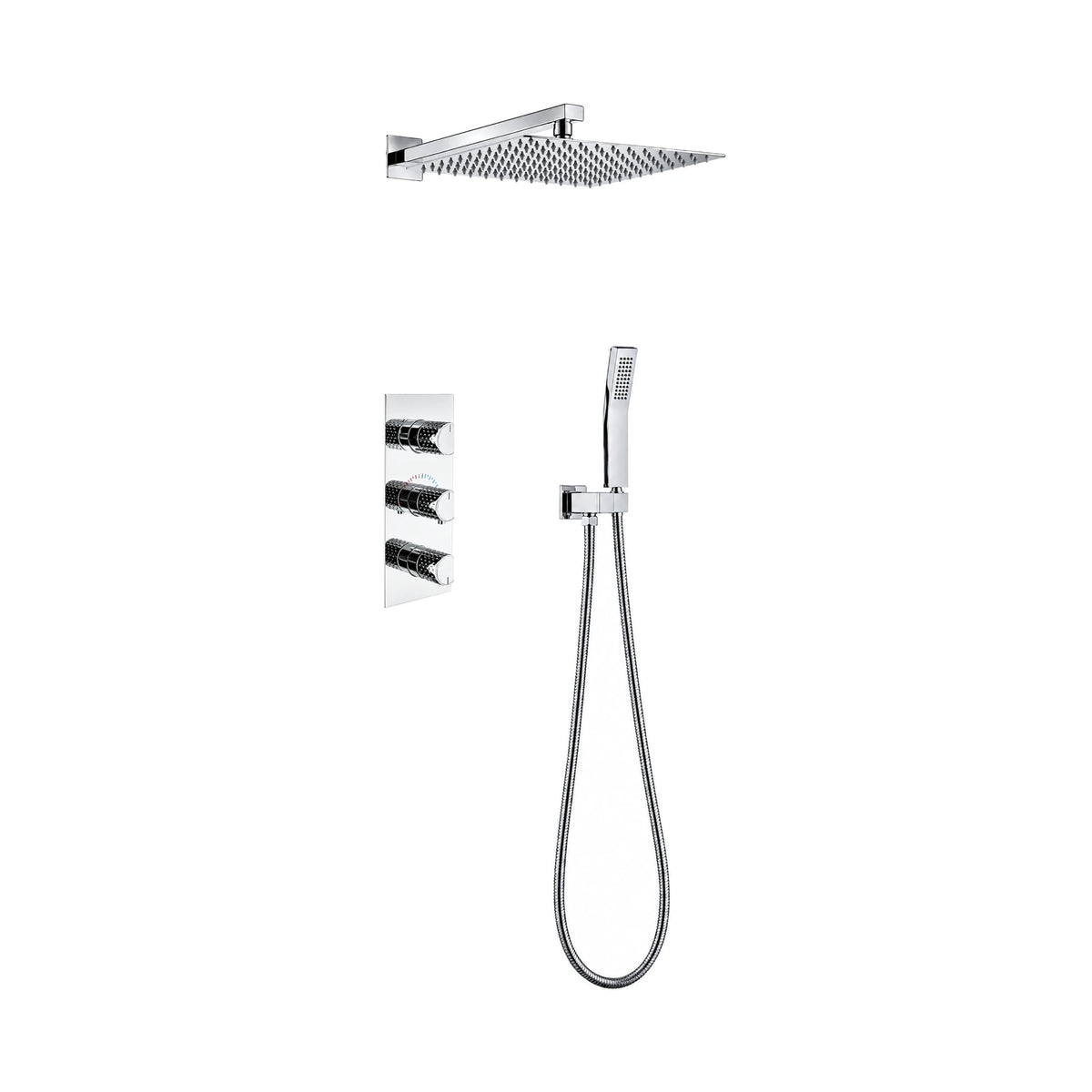 Chrome concealed shower system with three stacked knurled knobs, ultra-thin square rain head and handheld — SANIKB DL-08 733-CP