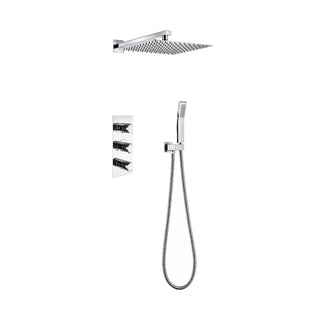 Chrome concealed shower system with three stacked knurled knobs, ultra-thin square rain head and handheld — SANIKB DL-08 733-CP