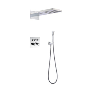 Chrome concealed shower system with waterfall-style wall head, square three-knob lever plate and handheld — SANIKB DL-08 734-CP