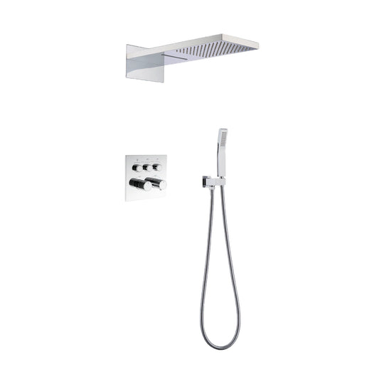 Chrome concealed shower system with waterfall-style wall head, square three-knob lever plate and handheld — SANIKB DL-08 734-CP