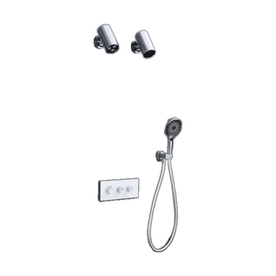 Chrome — Chrome concealed shower system with two cylinder wall heads, white three-knob panel and round handheld — SANIKB DL-08 736-CP