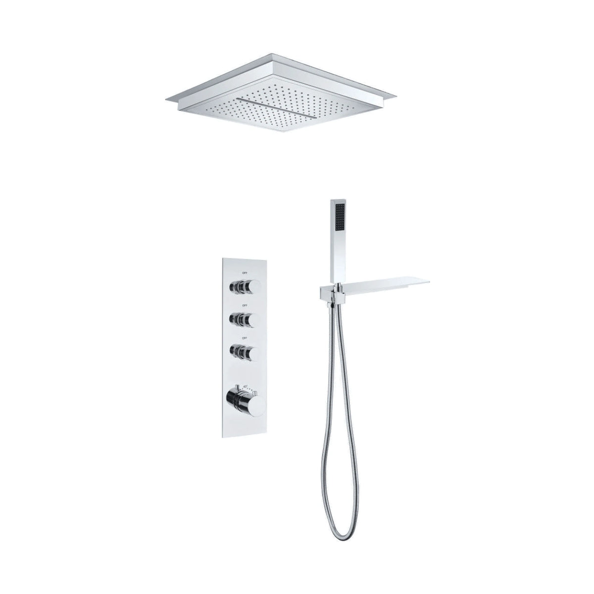 Chrome concealed shower system with flush ceiling rain panel, vertical knob plate and handheld with shelf — SANIKB DL-08 520-CP