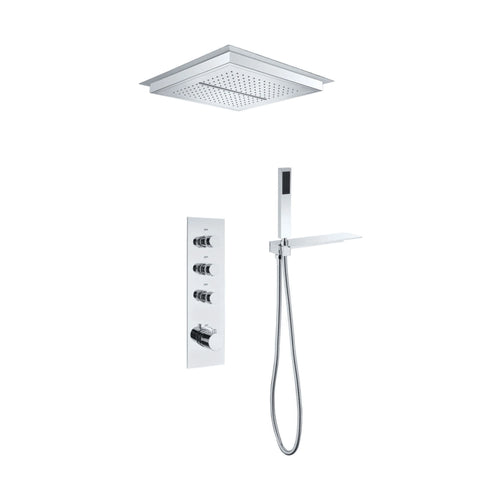 Chrome concealed shower system with flush ceiling rain panel, vertical knob plate and handheld with shelf — SANIKB DL-08 520-CP