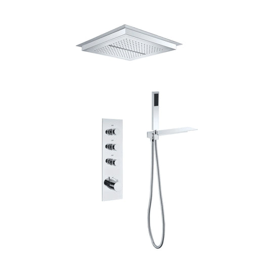 Chrome concealed shower system with flush ceiling rain panel, vertical knob plate and handheld with shelf — SANIKB DL-08 520-CP