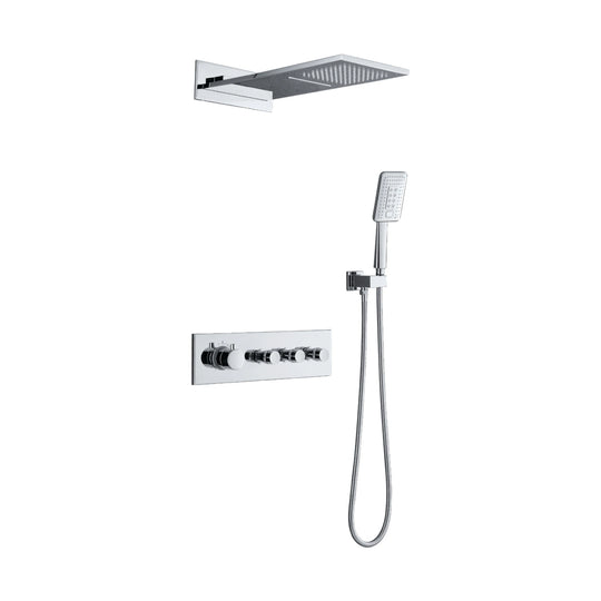 Chrome concealed shower system with waterfall-style wall head, horizontal lever and knob plate, handheld — SANIKB DL-08 521-CP