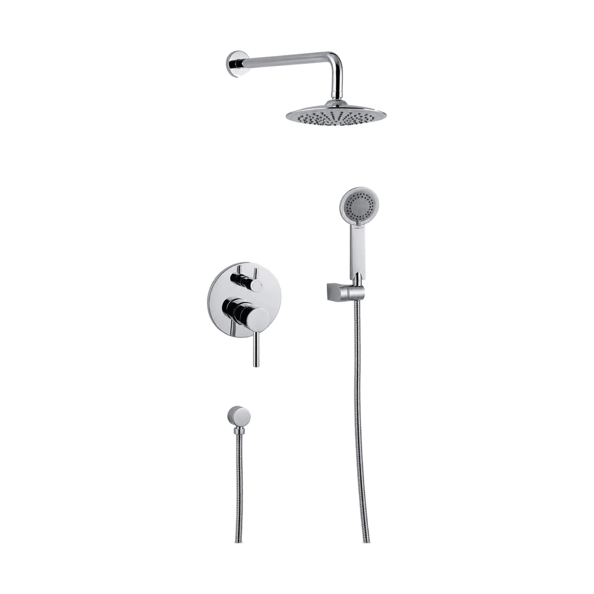 Chrome concealed shower with round lever-and-diverter plate, round rain head on curved arm and handheld — SANIKB DL-08 528-CP