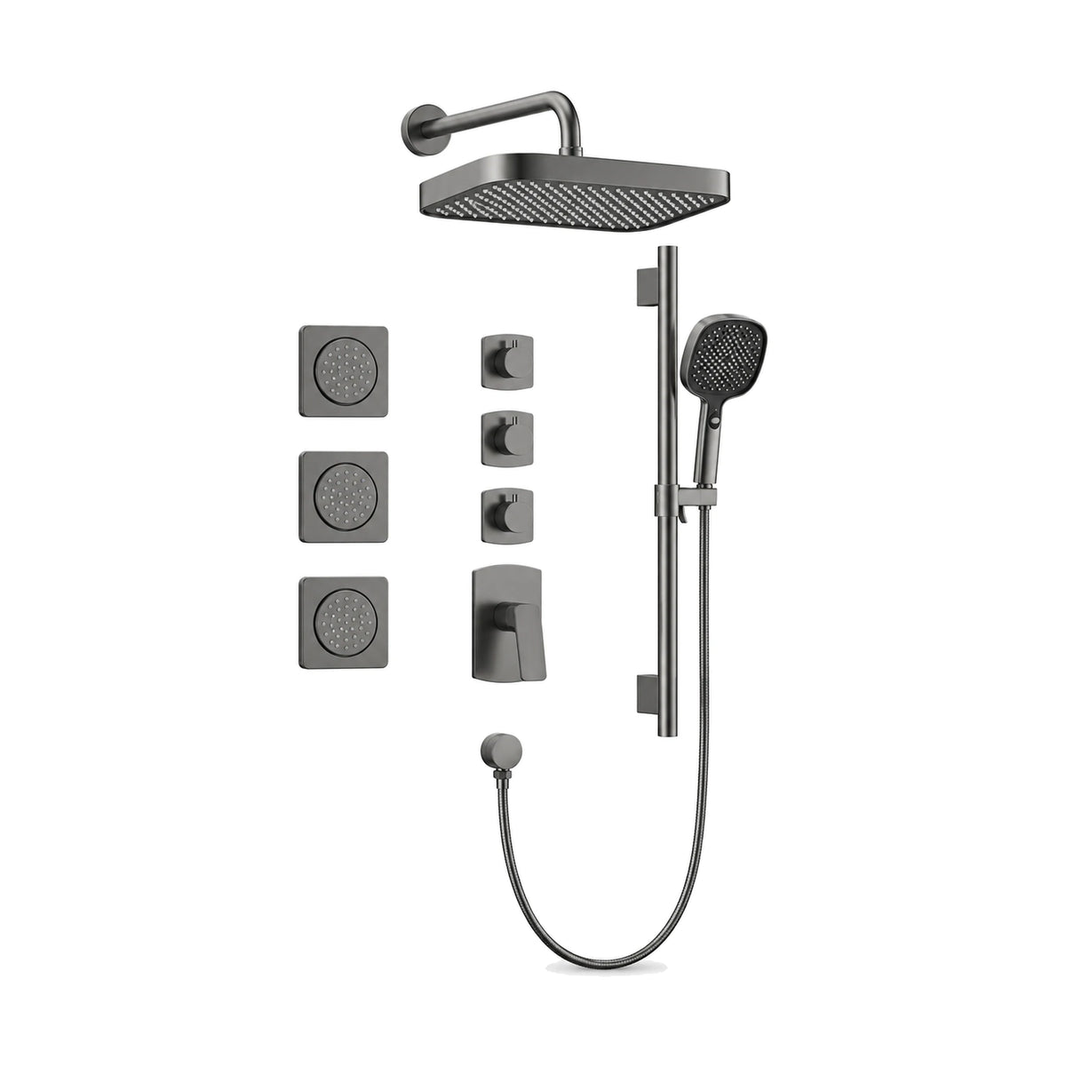 Gun metal grey concealed shower system with square rain head, three square body jets and slide bar handheld — SANIKB SP1015A 23 45 1