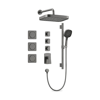 Gun metal grey concealed shower system with square rain head, three square body jets and slide bar handheld — SANIKB SP1015A 23 45 1