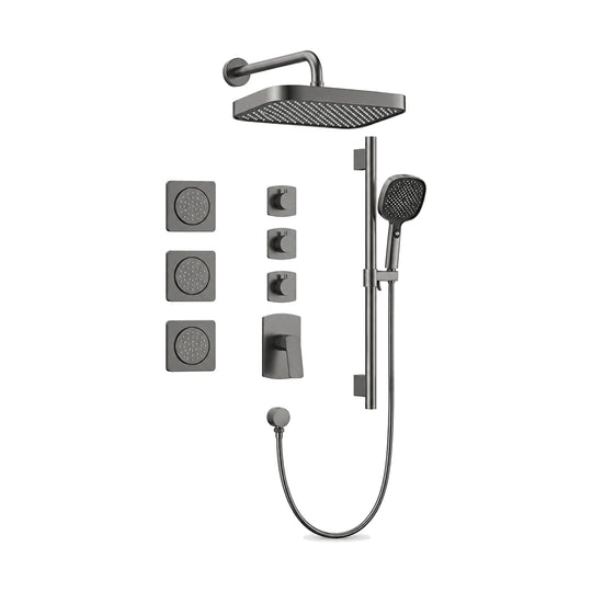 Gun metal grey concealed shower system with square rain head, three square body jets and slide bar handheld — SANIKB SP1015A 23 45 1