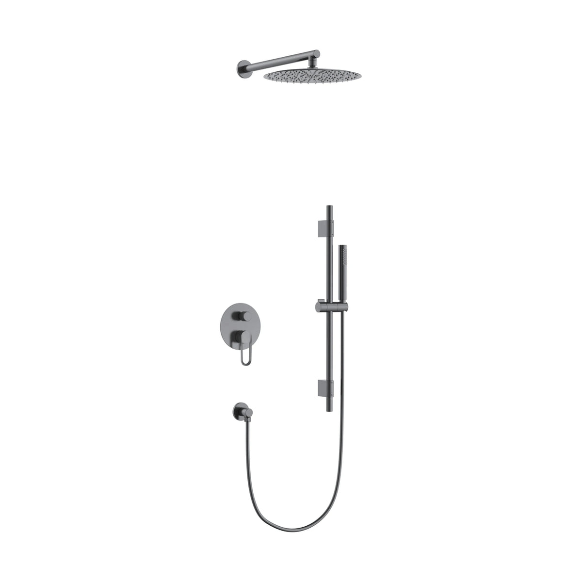 Gun Metal Grey — Matte black concealed shower system with open-loop lever trim, thin round rain head and slide bar handheld — SANIKB DL-08 718-QH