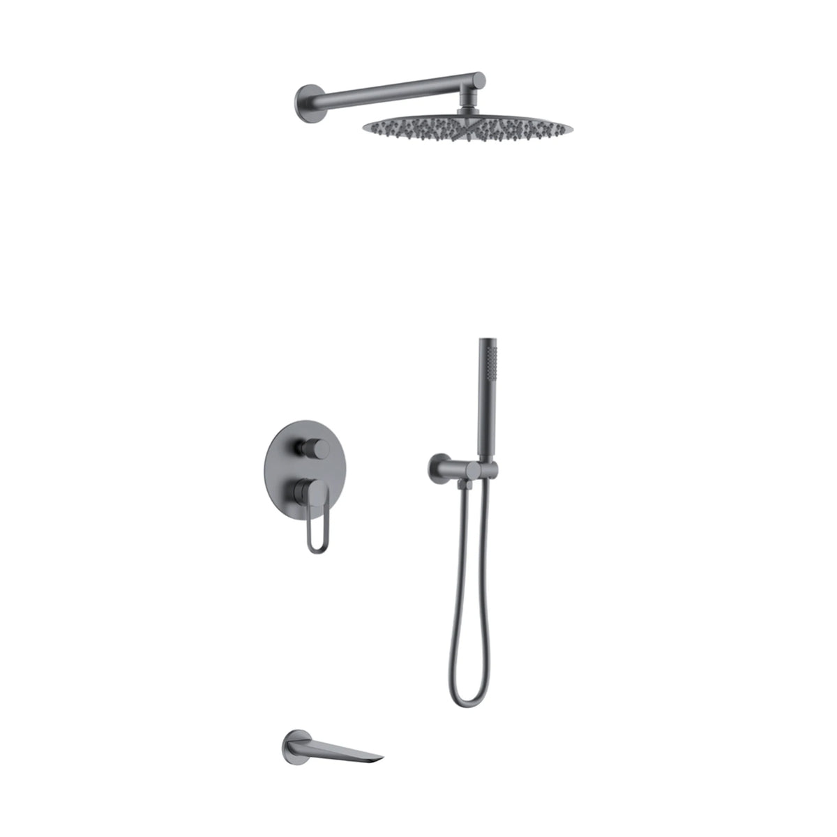Gun Metal Grey — Matte black concealed shower system with open-loop lever trim, round rain head, handheld and wall tub spout — SANIKB DL-08 719-QH