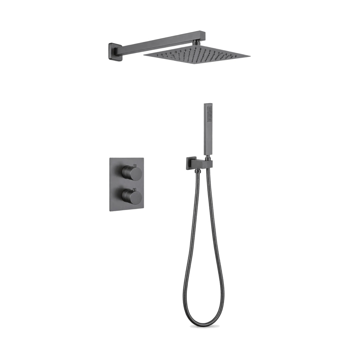 Gun metal grey concealed shower system with two-knob square plate, ultra-thin rain head and stick handheld — SANIKB DL-08 533-QH