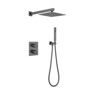 Gun metal grey concealed shower system with two-knob square plate, ultra-thin rain head and stick handheld — SANIKB DL-08 533-QH