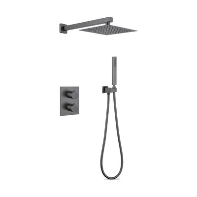 Gun metal grey concealed shower system with two-knob square plate, ultra-thin rain head and stick handheld — SANIKB DL-08 533-QH