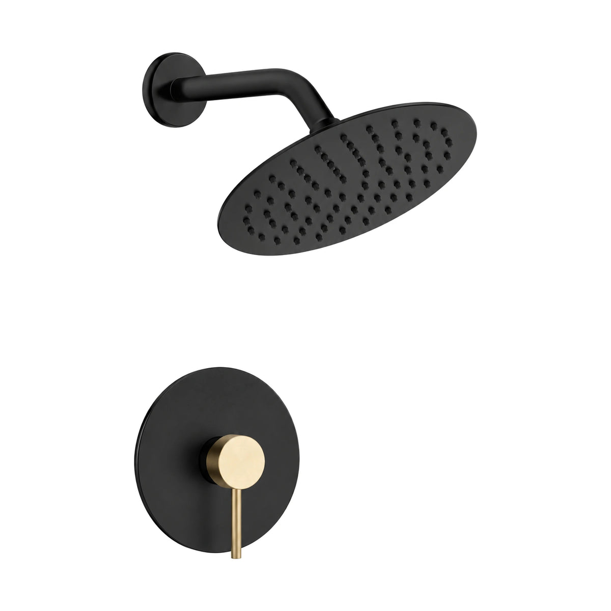 Matte black round rain head on wall arm with round black trim, brushed gold pin lever and rough-in valve — SANIKB S133A 21 47 2