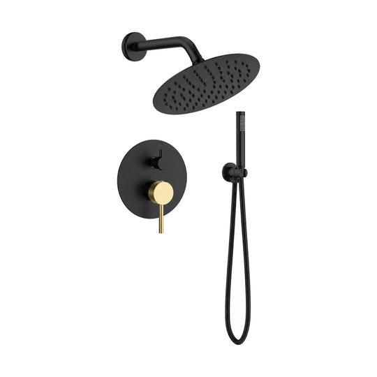Matte black concealed shower system with round rain head, round trim with gold pin lever and stick handheld — SANIKB S133A 22 47 2