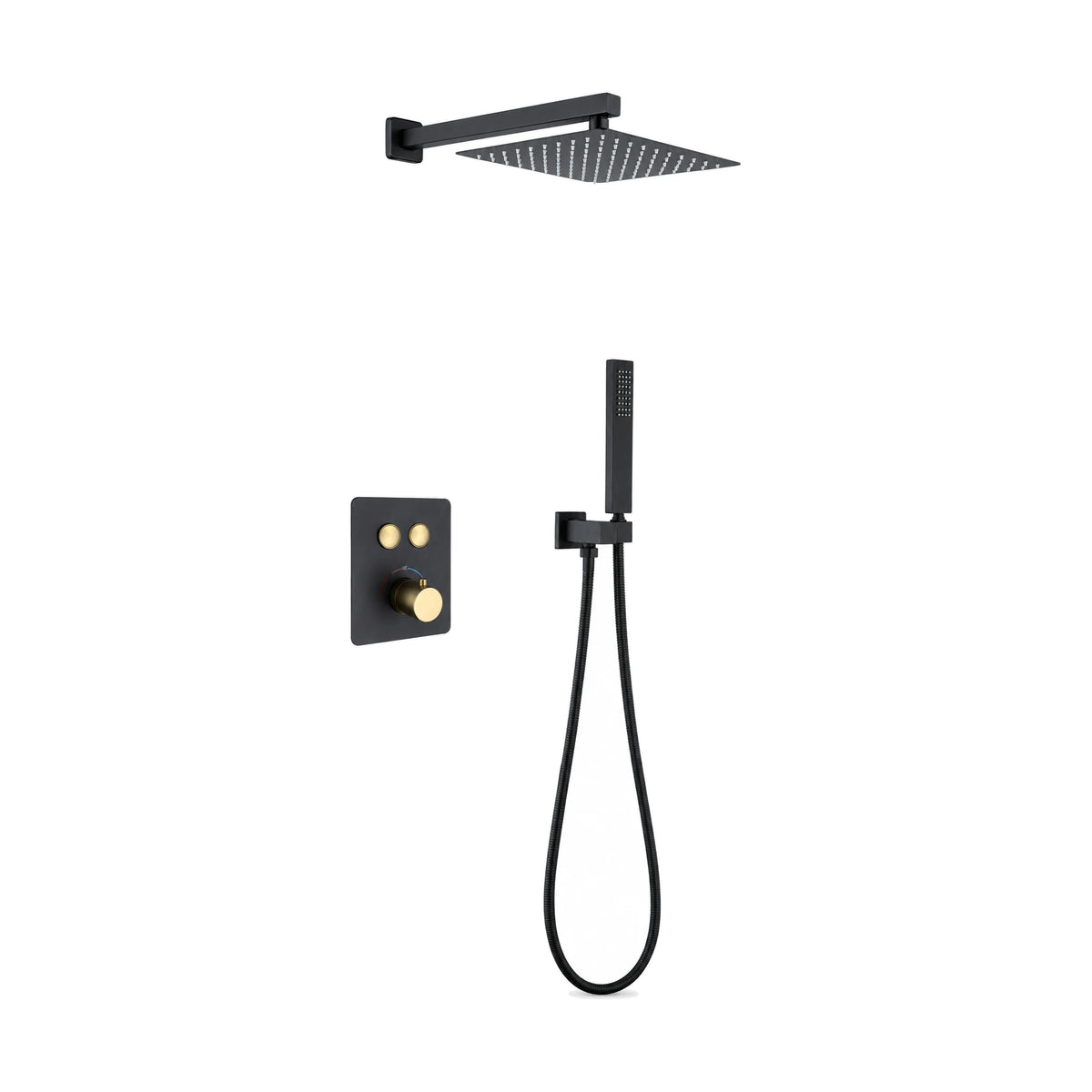 Matte black concealed shower system with gold push buttons and knob, square rain head and stick handheld — SANIKB DL-08 529-BG