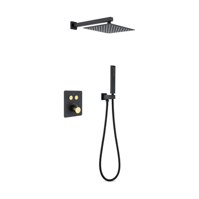 Matte black concealed shower system with gold push buttons and knob, square rain head and stick handheld — SANIKB DL-08 529-BG