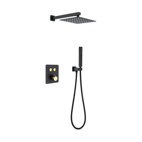 Matte black concealed shower system with gold push buttons and knob, square rain head and stick handheld — SANIKB DL-08 529-BG